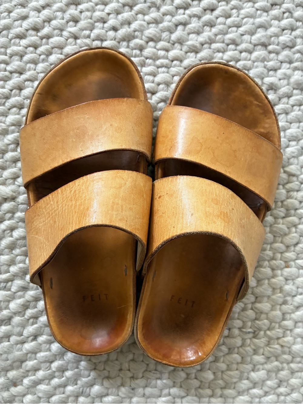 FEIT Tan Leather Double-Strap Slide Sandals